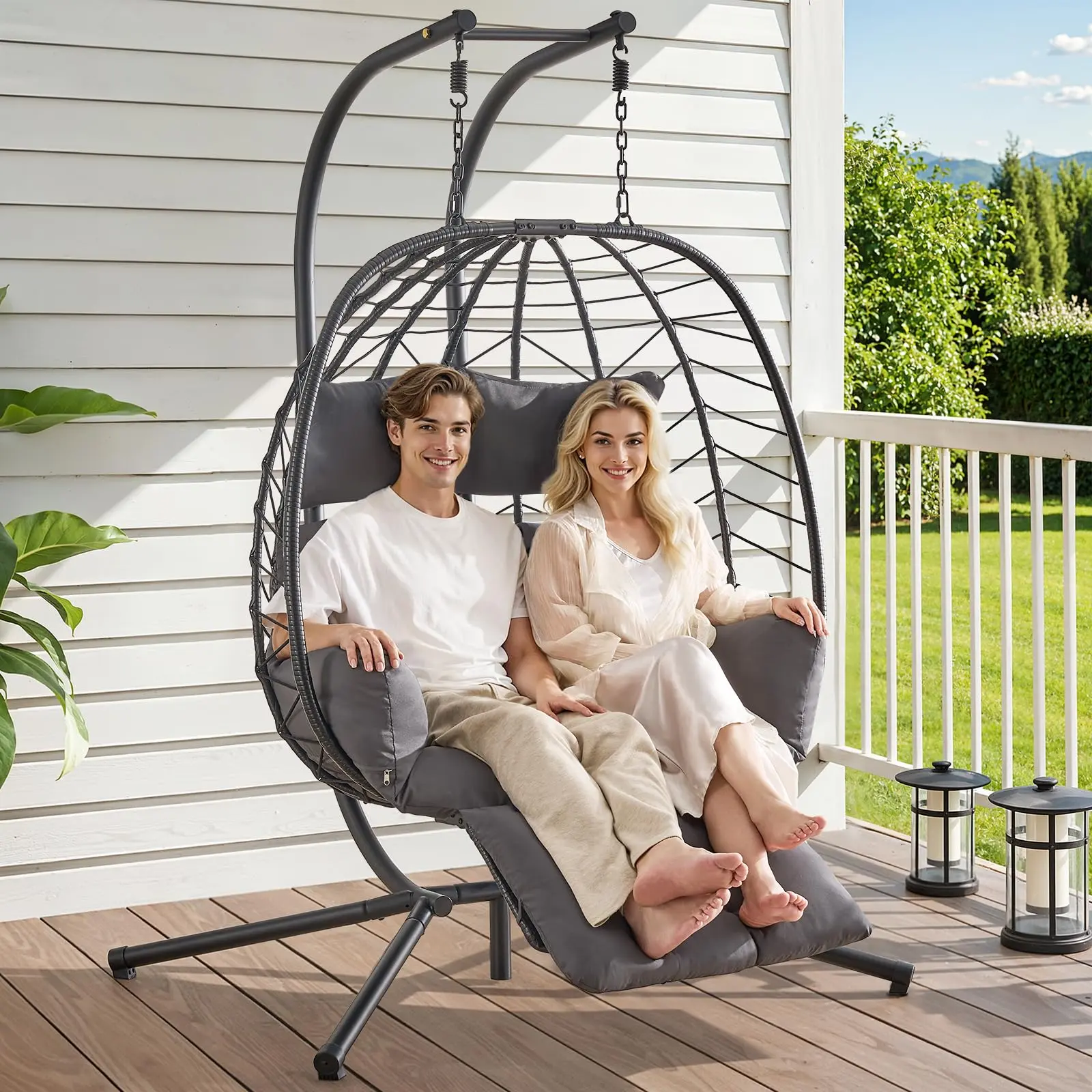 【SummerFinds】ONBRILL Double Rattan Egg Chair with Thick Cushions, Headrests, Adjustable Footrest & Stand, 650LBS Capacity Hammock Swing Loveseat, Outdoor Patio Furniture for Deck, Living Rooms, Floor, Festivals & Valentine's Day