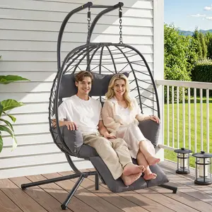 【SummerFinds】ONBRILL Double Rattan Egg Chair with Thick Cushions, Headrests, Adjustable Footrest & Stand, 650LBS Capacity Hammock Swing Loveseat, Outdoor Patio Furniture for Deck, Living Rooms, Floor, Festivals & Valentine's Day