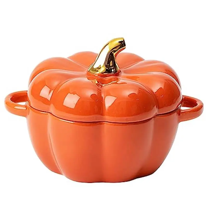 Dutch Oven Pot with Lid, Pumpkin Pottery Dessert Saucepan, Mini Baking Dish Cute Pumpkins Bowl, Covered Dutch Oven Ceramic Stockpot, Pumpkin-Shaped Casserole (Orange)        D