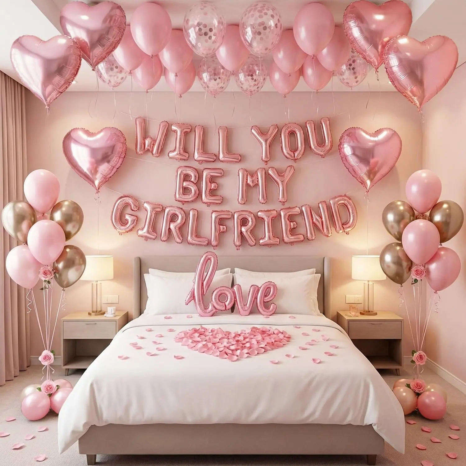Will You Be My Girlfriend Balloon Letters with Pink Heart Foil Balloons, Love Sign, Rose Petals and Latex Balloons – Romantic Room Setup & Be My Girlfriend Proposal Decorations for Valentine's Day