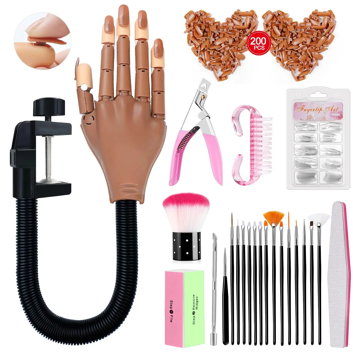 Nail Art Practice Hand Set with Flexible Model, Mechanical Finger Joints, Manicure Training Hand with 200 Nail Tips, Sanding Strips, Nail Brushes, and Nail Clippers – Beginner Manicure Kit, Manicure Supplies, Nail Art Diy, Nail Tools