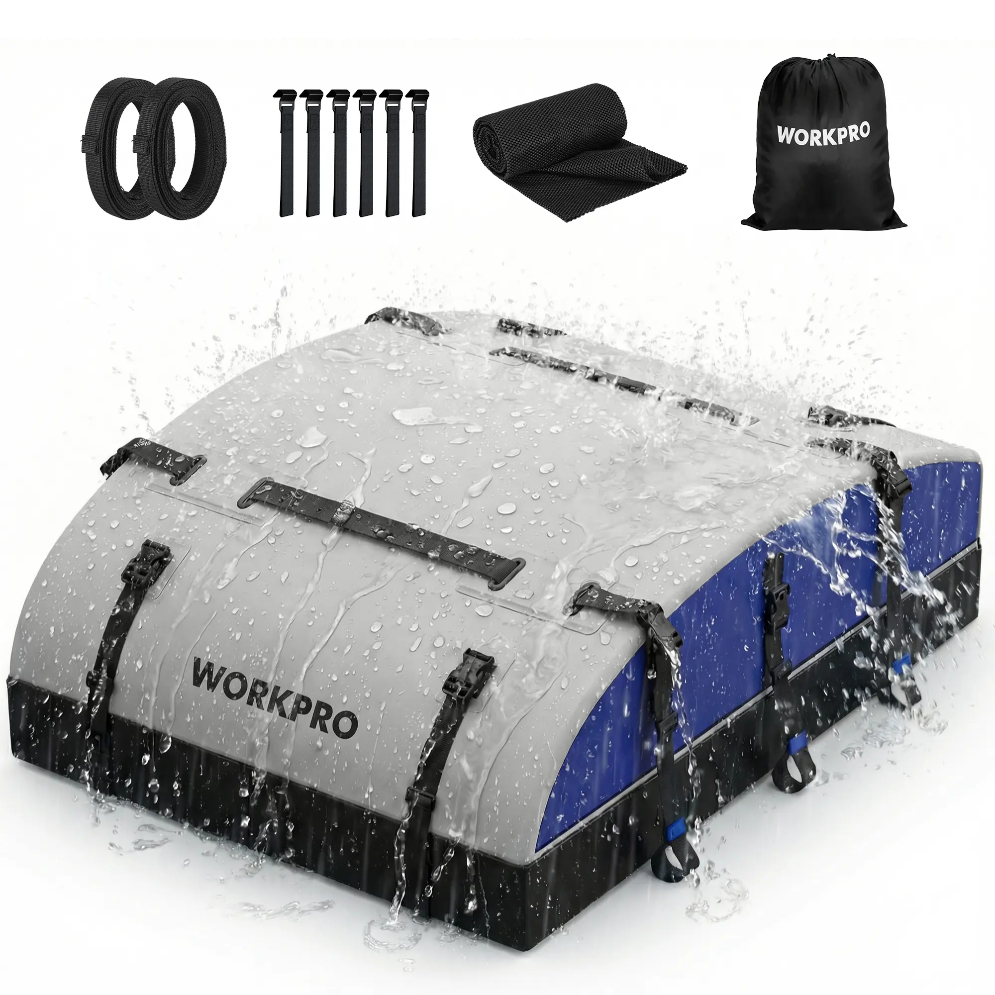 #backtoschool WORKPRO 21 Cubic Feet Rooftop Cargo Carrier Roof Bag, Waterproof Roof Rack Cargo Carrier for Vehicles with/Without Rack, Heavy Duty 840D PVC, Includes Anti-Slip Mat, 6 Door Hooks and Storage Bag