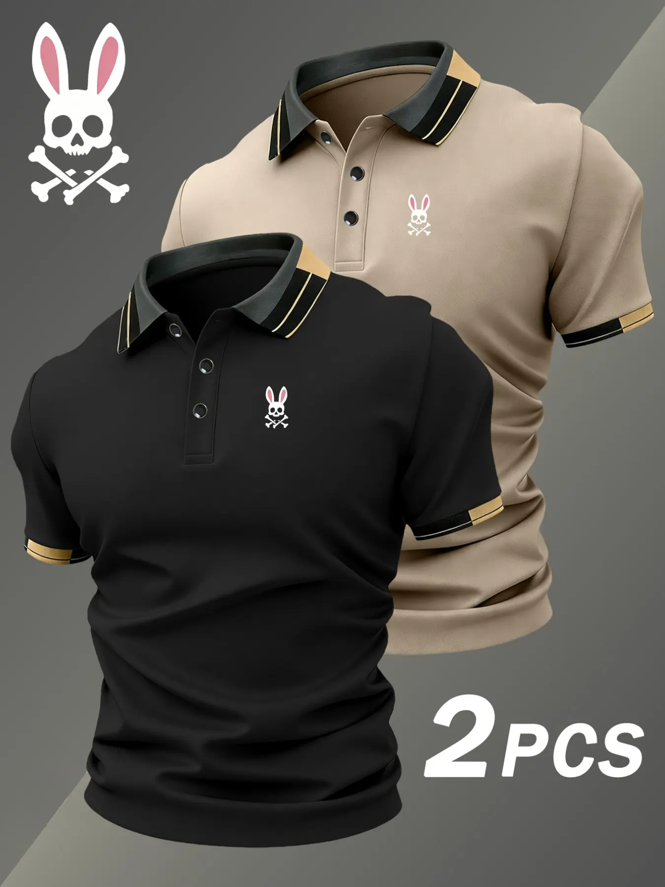 Two-Pack Men's Skull Rabbit Print Polo Shirts, Polo Tees, Breathable & Comfortable Elastic Fabric, Casual All-Season High-End Polo Tops