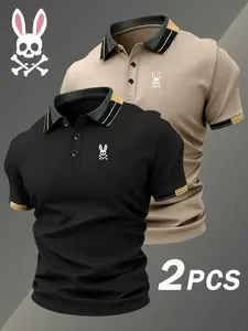Two-Pack Hh5057 Skull Rabbit Print Men's Polo Shirts, Polo Tees, Elastic Casual Breathable All-Season Comfortable High-End Polo Tops