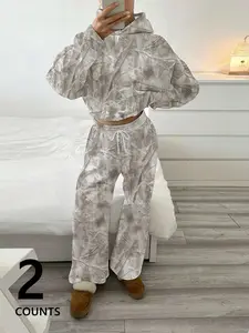 Women's Casual Two-Piece Set, Hooded Fitted Sweatshirt & Drawstring Pants, Light Floral Print, Street Style, Fashionable & Trendy Clothes