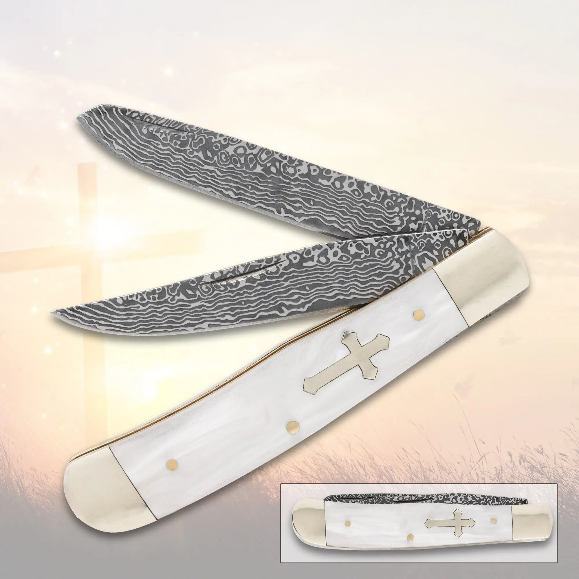 Cross of Faith Faux Damascus Pocket Knife, Durable Knives with Sharp Cutting Blade for Farm Animal & Poultry Ear Tag Handling