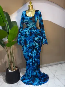 PULKRITU Women's Floral Tie-Dye Print Flounce Long Sleeve A-Line Maxi Prom Dresses, Formal, Elegance, Birthday Party Outfit Trendy Gown, Stacked Side Mermaid Floor Length Cocktail Dress, Asymmetrical Neck Ruched Fitted Bodycon Skirt, Engagement Dress