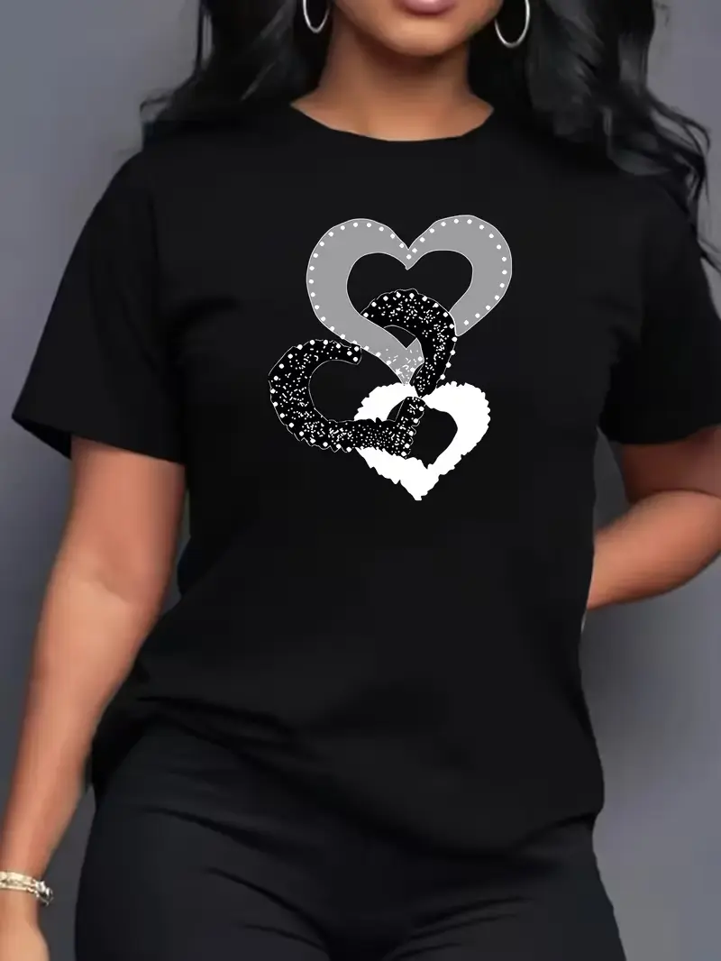 Heart-To-Heart Pattern Printed T-Shirt, Comfortable Women'S Short Sleeve T-Shirt, Sports Pattern Women'S T-Shirt, Patterned T-Shirt Women'S Top