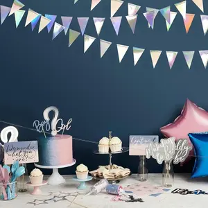3M Iridescent Holographic Triangle Flag Banner 1 Pack - Hanging Bunting Garland for Graduation Birthday Anniversary Decor - Rainbow Foil Pennant for Engagement Wedding Bridal Shower Disco Party Supplies - 10ft Decor
