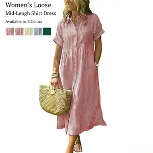 Women's Loose Midi Striped Shirt Dress Bohemian Side Slit Dress with Pockets SpringStatements Sports and Outdoors