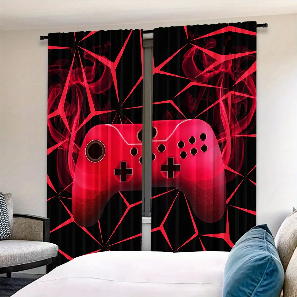 2pcs High-Definition Digital Print Game Console Pattern Curtains, Polyester Material, Semi-Transparent Privacy Protection, Washable, Bedroom & Living Room Decor, Home Decoration Curtain, Window Curtain, Window Drapes
