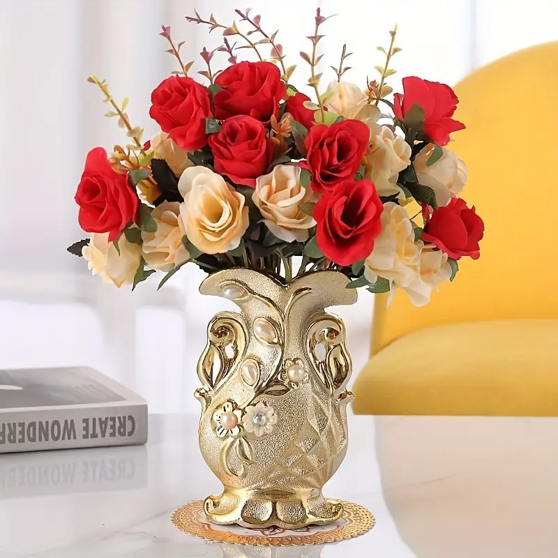 A Set of Artificial Roses with a Golden Ceramic Decorative Vase, Including a Small Vase, Two Bundles of Artificial Flowers, And a Flower Mat, Decoration Items Bouquet