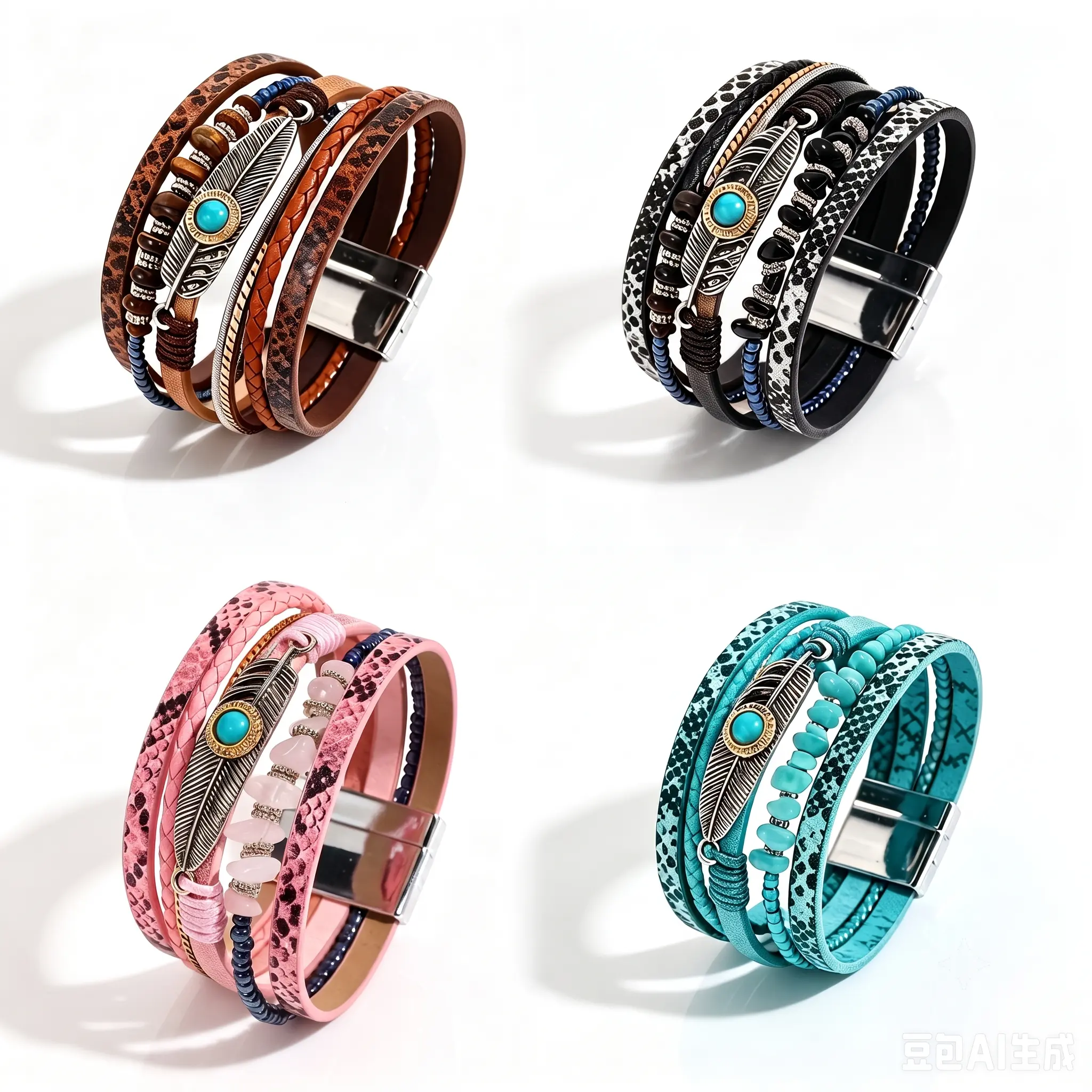 Multi-Layer Leather Charm Bracelets for Women, Boho Feather Imitation Turquoise Bracelet Stack with Magnetic Clasp, Festival Fashion Jewelry