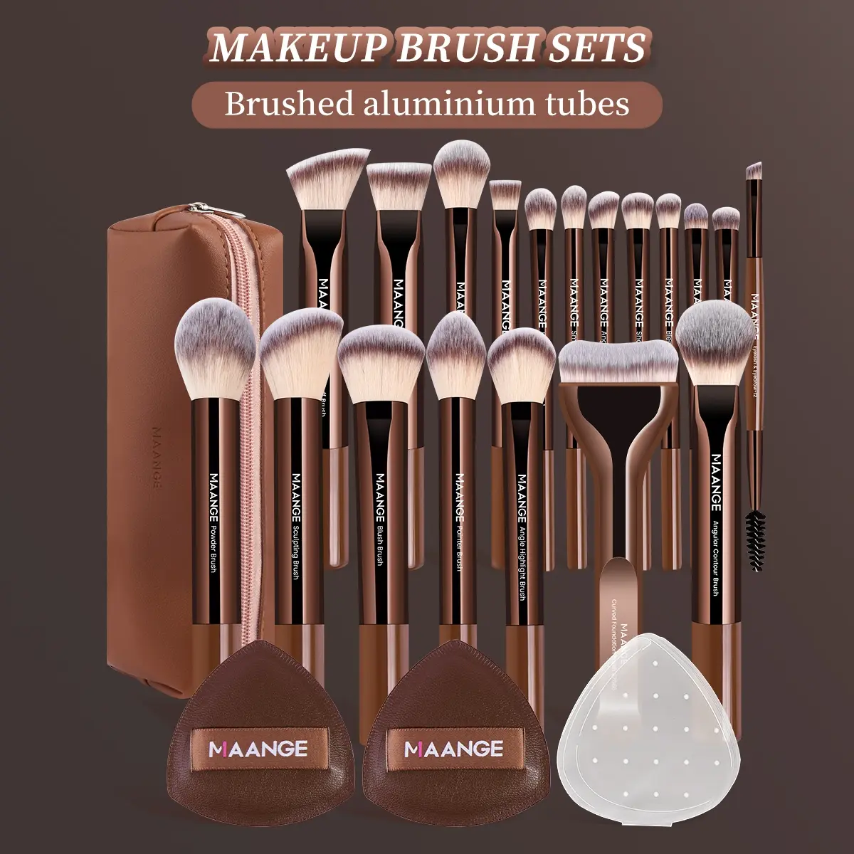 MAANGE 22pcs Makeup Brush Set, Makeup Brushes Kits, Includes 19pcs Makeup Brushes + 2pcs Powder Puffs + 1pc Cosmetic Bag, Foundation Brush Blush Brush Highlight Brush Eyeshadow Brush Eyebrow Brush, Face Makeup Brushes