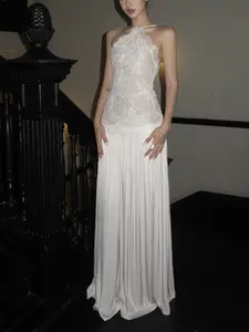 [10-12 Days Delivery] Women's Elegant Sleeveless Patchwork Lace Halter Pleated Maxi Dress - Blush Apricot Backless High-Waist Summer Evening Prom Gown for Wedding Guests, Quiet Luxury Outfit
