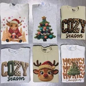 Cozy Season holiday Sweatshirt Christmas trees  reindeer highland cow gingerbread leopard Stitch knitted sewn yarn knit knitting trendy trending Printed Merry Christmas Pullover Winter Casual Crochet Print Top Womens Sublimation Holiday Santa