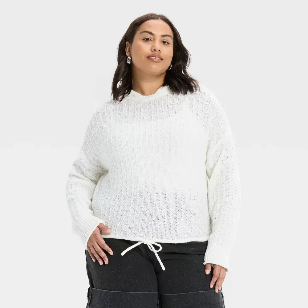 Women's Relaxed Textured Hooded Pullover Sweater - Future Collective Off-White XXL