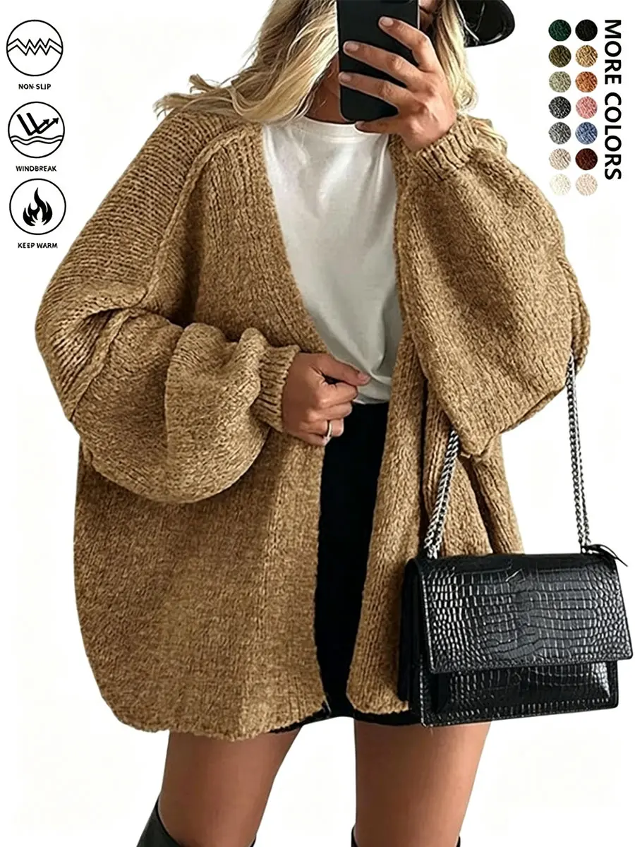 Women’s autumn/winter lightweight fashion cardigan sweater jacket made of polyester fiber, open-front buttoned loose fit, soft fabric, casual style.