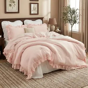 Pink Ruffled Comforter Set Queen Size, 3PCS Soft Washed Microfiber Lightweight & All-Season Bedding Comforter with Vintage French Style, Pink, 90x90 in