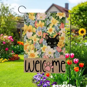 1pc Cat Flower Butterfly Welcome Garden Flag, No Flagpole, 12x18inch, Courtyard Decoration, Perfect for Halloween & Christmas Etc. Holiday Decor, Outdoor Yard & Lawn Decor, Birthday Party Multi-Purpose