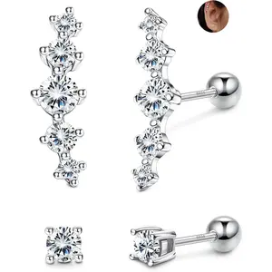 Sparkling 2 Pairs Silvery 925 Sterling Silver Cartilage Earrings for Women Men Shining Leaf Star Climber 3A CZ Stud Earrings 20G Helix Conch Cartilage Piercing Jewelry Set for Sensitive Ears