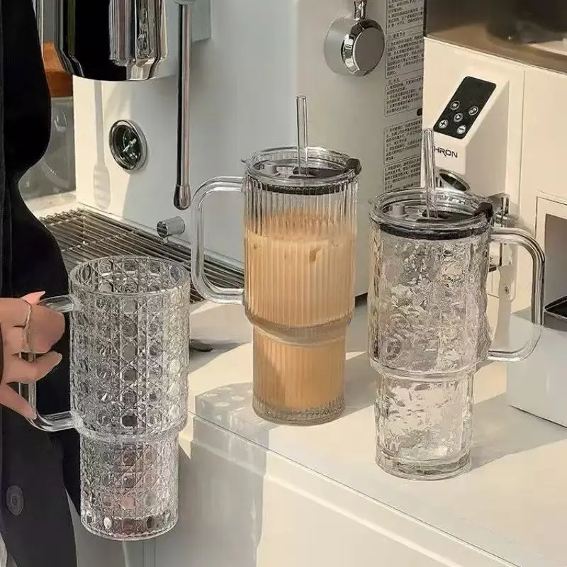 High-appearance cross-border glass cup with handle and vertical stripes, suitable for iced Americano, latte, large-capacity drinks, and juice, Drinking Glassware, Drinkware