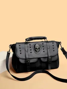 Ladies' Punk Style Handbag, Solid Color Skull Rivet Details, Large Capacity Shoulder Bag, Street Wear & Music Festival Essential
