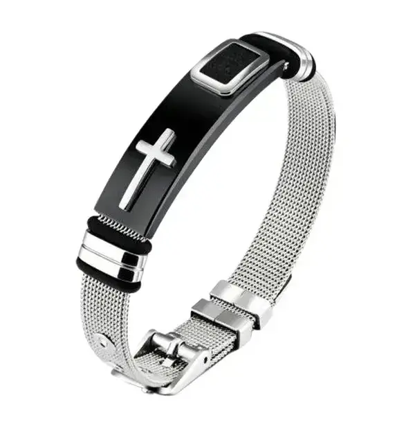 Men's Fashionable Christian Cross Titanium Steel Band Adjustable Mesh Bangle - Waterproof, Elegant, Casual, Minimalist Faith + Hip Hop Religious Jewelry, Silver Black, Ideal Adults' Father's Day Gift for Dads
