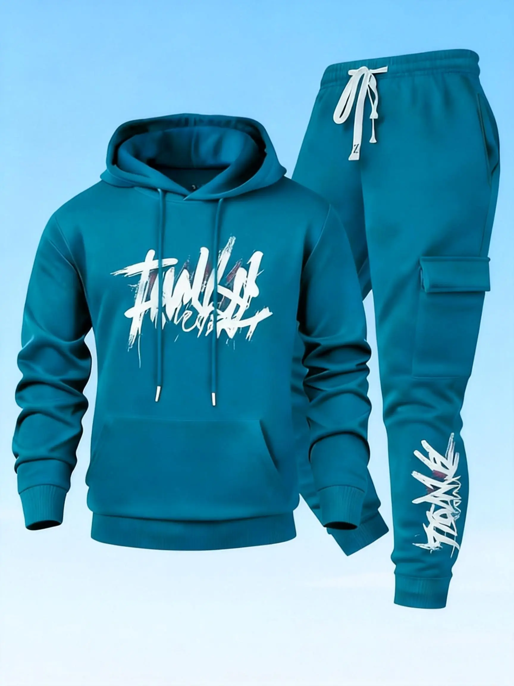 Men's Urban Casual 2 Piece Set - Graffiti Print Hoodie and Cargo Jogger Pants