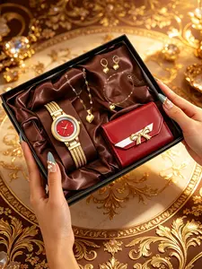 6pcs Mother's Day Gift Set, Luxury Gold Jewelry Sets Watch Box, Watch Necklace Bracelet Earrings Wallet, Practical Gift for Mom