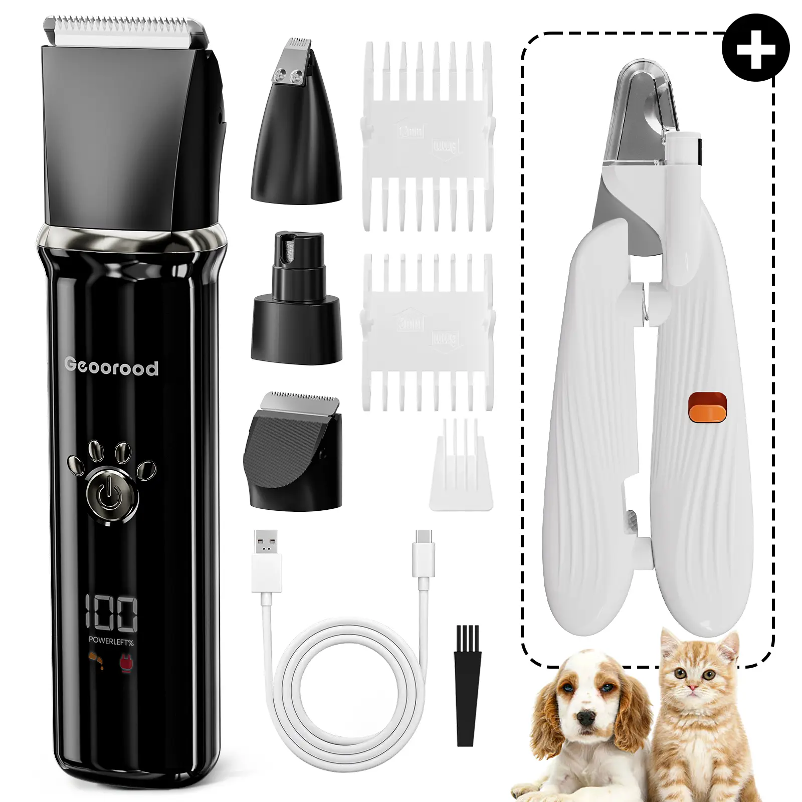 Geoorood Dog Clipper, Low Noise Dog Grooming Kit with Rechargeable Battery and LED Display, Cordless Electric Quiet Hair Clipper Set for Dogs, Cats, and Other Pets
