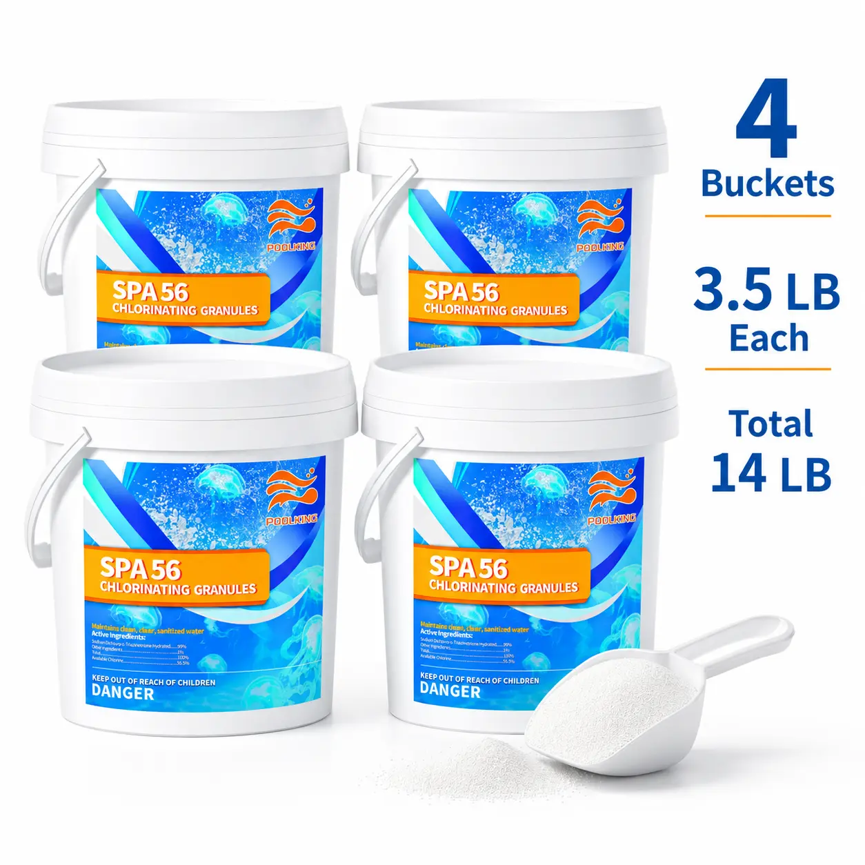 4 Pack Pool Chlorine Granules, 3.5 lbs Each Chlorinating Powder for Swimming Pools, Fast Dissolving Pool Shock Treatment for Above Ground Pools, Hot Tubs & Spas, Bulk Water Clarifier (Total 14 lbs)