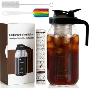 Cold Brew Coffee Maker 64oz Cold Brew Pitcher with Stainless Steel Filter & Coffee Mat Glass Cold Brew Mason Jar with Airtight Lid Brewer Kit Tea Infuser Pitcher Gifts for Coffee Lovers