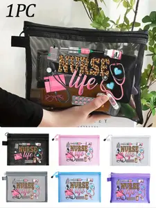 Mesh Nylon Nurse Theme Cosmetic Bag, Cosmetic Storage Bag, leopard print letter pattern nurse life, With Nurse Pattern, Medicine Bag, Gifts For Doctors And Nurses Returning To School