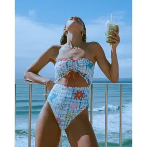 BILLABONG Women's Lottie Hall Summer Bandeau One-piece Swimsuit, Removable Strap Front Tie Ruched, Beach Bathing Suit