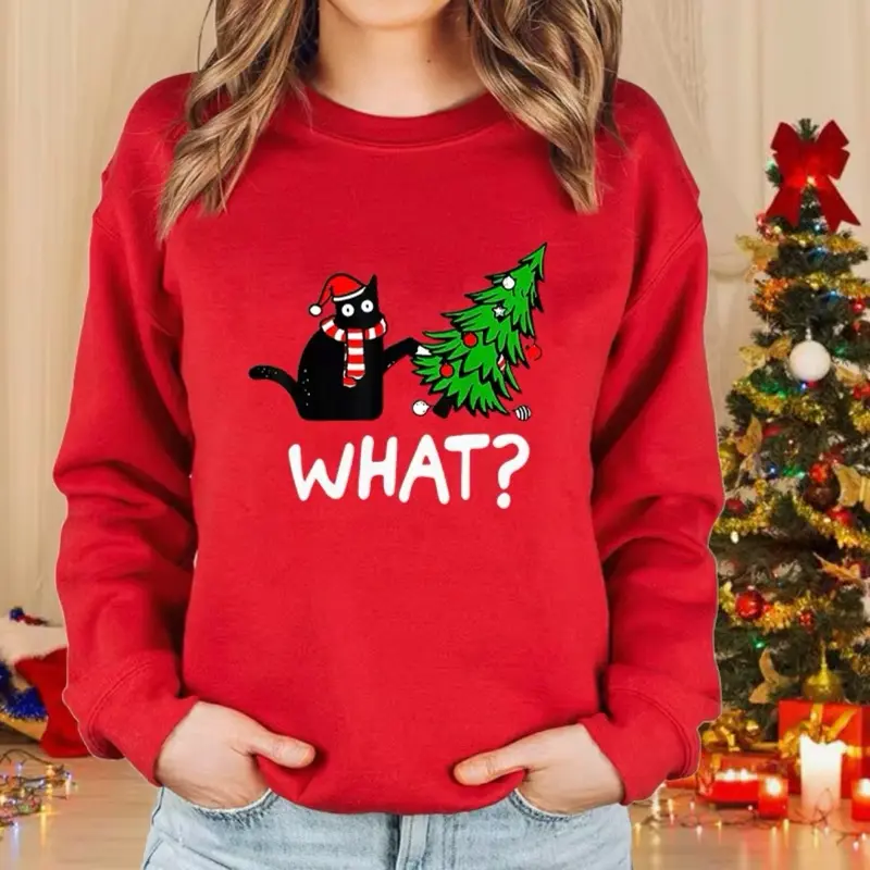 Christmas Cat Pullover Sweater for Women, Casual Festive Longsleeve Round Neck Knit Top for Autumn and Winter, Longsleeves