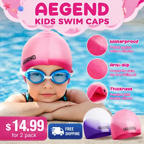 Aegend Unisex Kid-Safe Silicone Elasticity Swimming Caps 2-Pack - Anti-Slip, Ultra-Stretch, Tear-Proof, Durable, 2 Sizes for 4-12Y Long/Short Hair, Mixed Colors Swim-Safe Aquatic Summer Accessory