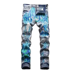 Printed Graffiti Distressed Washed And Distressed Jeans Men Jeans Para Hombre Straight-Leg Wide-Leg Stretch All-Season Streetwear Y2K Vintage Wash Menswear Trouser Pants Denim