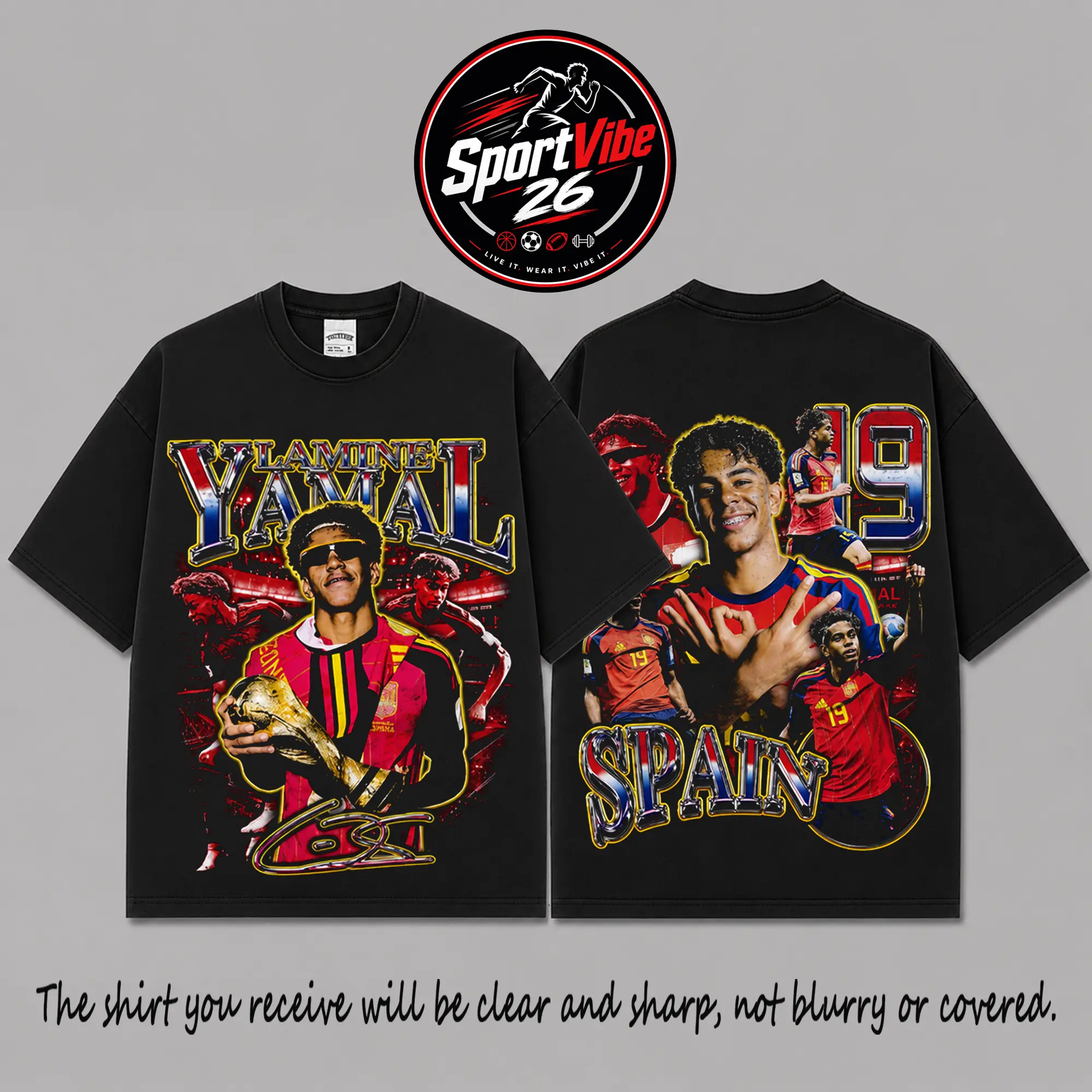 Lamine Yamal #19 Spain “Future of La Roja” Premium 100% Cotton T-Shirt, Golden Trophy Signature Collage Tee, Spanish Soccer Icon Streetwear, Gift for Yamal Football Fans