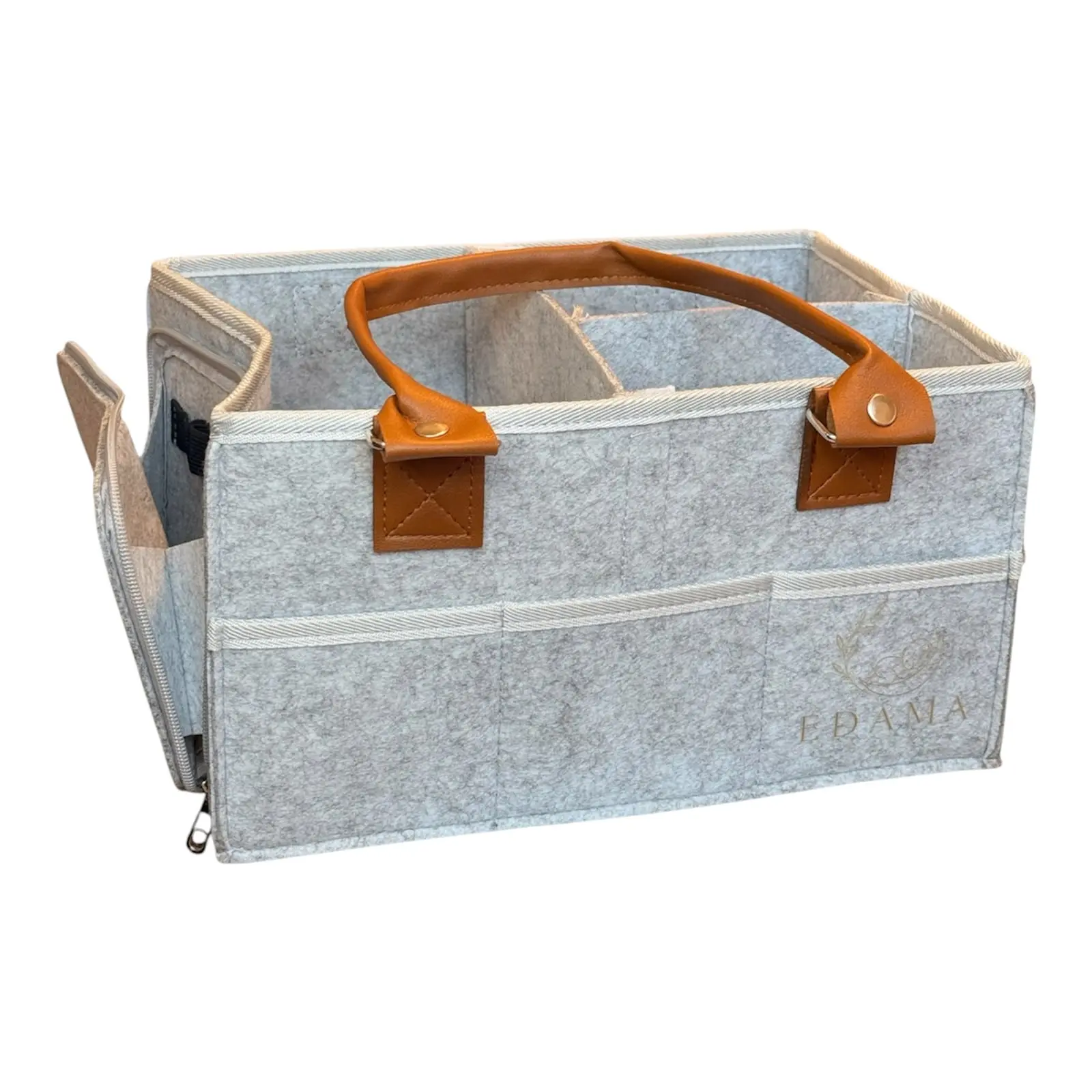 EDAMA Baby Diaper Caddy Organizer with Removable Dividers, Felt Nursery Storage Basket with Leather Handles