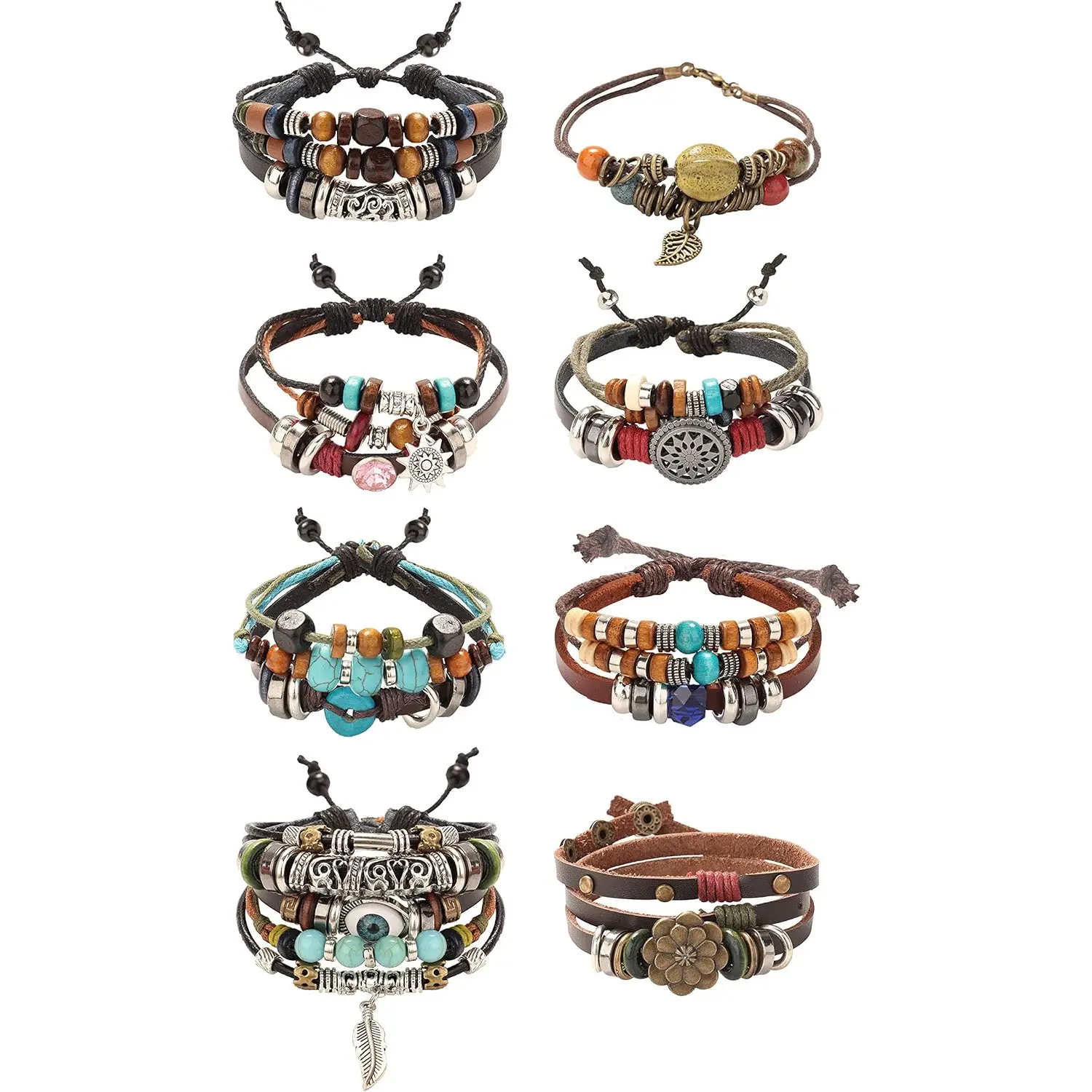 8Pcs Genuine Leather Layered Bracelets for Women, Handmade Beaded Evil Eye Bracelet, Vintage Charm Bracelet & Wristband Protection Jewelry