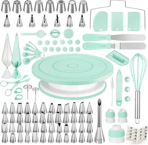 KOOTEK 158PC Stainless Steel Cake Decorating Kit - 360° Spin Cake Stand Turntable, 64 Icing Piping Tips, 2 Frosting Spatulas, 3 Scrapers, 52 Pastry Bags, Coupler, Video Tutorial, Booklet (Home & Festive Party Baking Supplies)