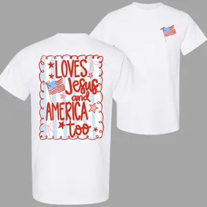 Loves Jesus and America Too 2-Sided T-Shirt – Patriotic Christian Bow Graphic Tee, 4th of July Coquette Preppy Shirt, Faith & USA Pride Unisex Casual Tee