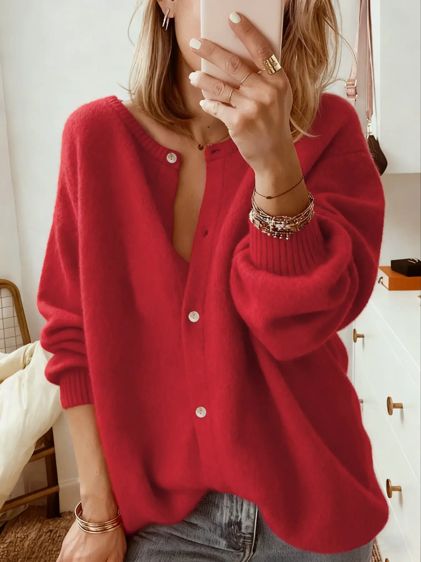 Women's Fall Winter Button Front Knit Cardigan Sweater, Plain Round Neck, Fashion Lantern Long Sleeve Loose Coat, Perfect for Cold Weather
