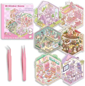 Mother's Day Gift DIY 3D Sticker Scene Collection Book for Stress Relief - 6 Sets of Make Your Own Mini Shop Scenes Stickers for Girls Kids Adult Sticker Therapy Cute Animal Stickers for Birthday with Tweezers