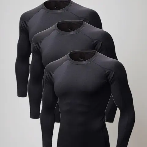 Men's Pull-On Compression Base Layer Shirt - Polyester Blend, Long-Sleeve Raglan, Plain Round Neck, Breathable, Thermal, Comfortable Fit, Active Pack of 3 for Outdoor Sports, All Seasons Daily Wear