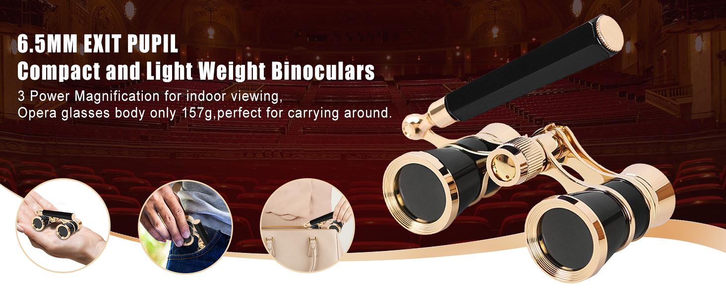 Vintage 3x25 Opera Glasses with Retractable Handle, All-Metal Binoculars for Theater and Concerts