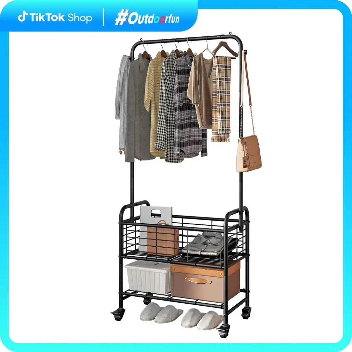 Black Laundry Basket Organizer - Wheeled Rectangle Metal Hamper with Reinforced Rolling Base, 1-3 Section Sorter Cart, Shelf, Hanging Rack, Portable Bedroom Father's Day Gift, Wheeled Laundry Basket