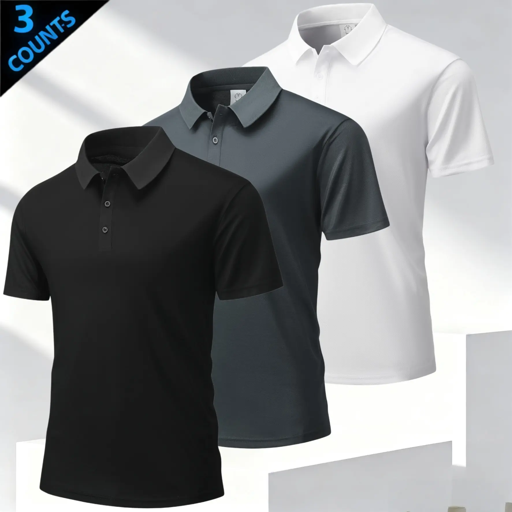 Three solid color men’s polo shirts in a business casual style featuring a classic turn down collar design with refined button detailing. Short sleeves offer a versatile fit for multiple seasons, while the mesh fabric is breathable and skin friendly. A sl