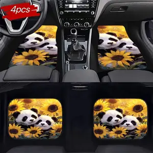 4pc Cute Panda Sunflower Car Floor Mats Set, Odorless Non-Slip Wear-Resistant, Universal Car Interior Decoration, Easy to Clean